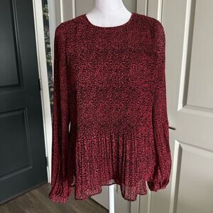 Zara Red and Black Leopard Print Micro Pleated Long Sleeve Blouse Size XS